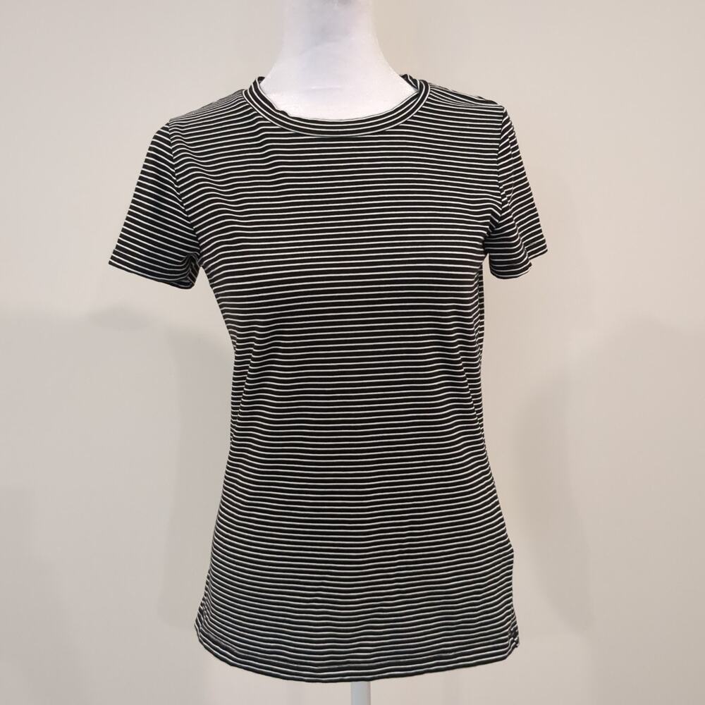 Magaschoni Black Stripe Shirt Crew Neck Cap Sleeve Stretch Womens S Pima Cotton